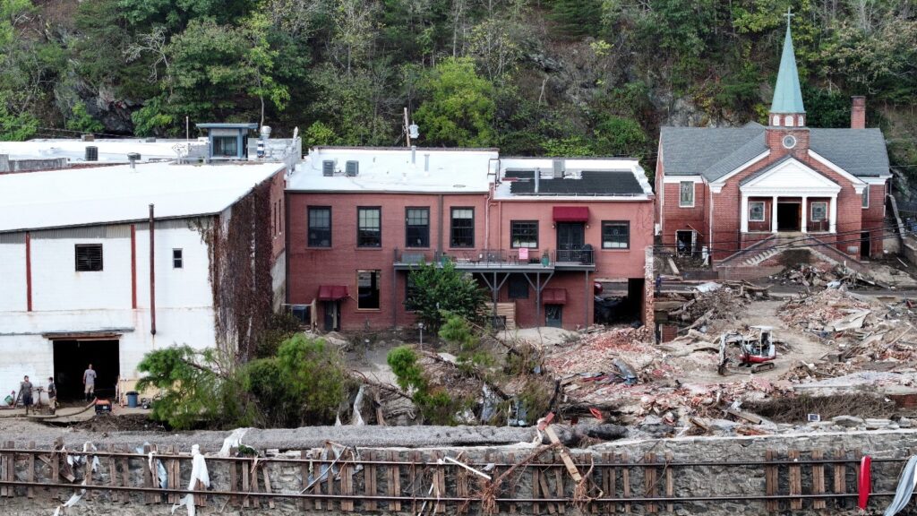 An aerial view of flood damage wrought by Hurricane Helene along the French Broad River on Oct. 3 in Marshall, N.C. Credit: Mario Tama/Getty Images via Grist