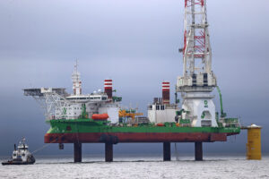 A view an offshore wind turbine installation jack-up vessel called the Sea Installer on Aug. 17, 2023 in New Bedford, Mass. Credit: David L. Ryan/The Boston Globe via Getty Images
