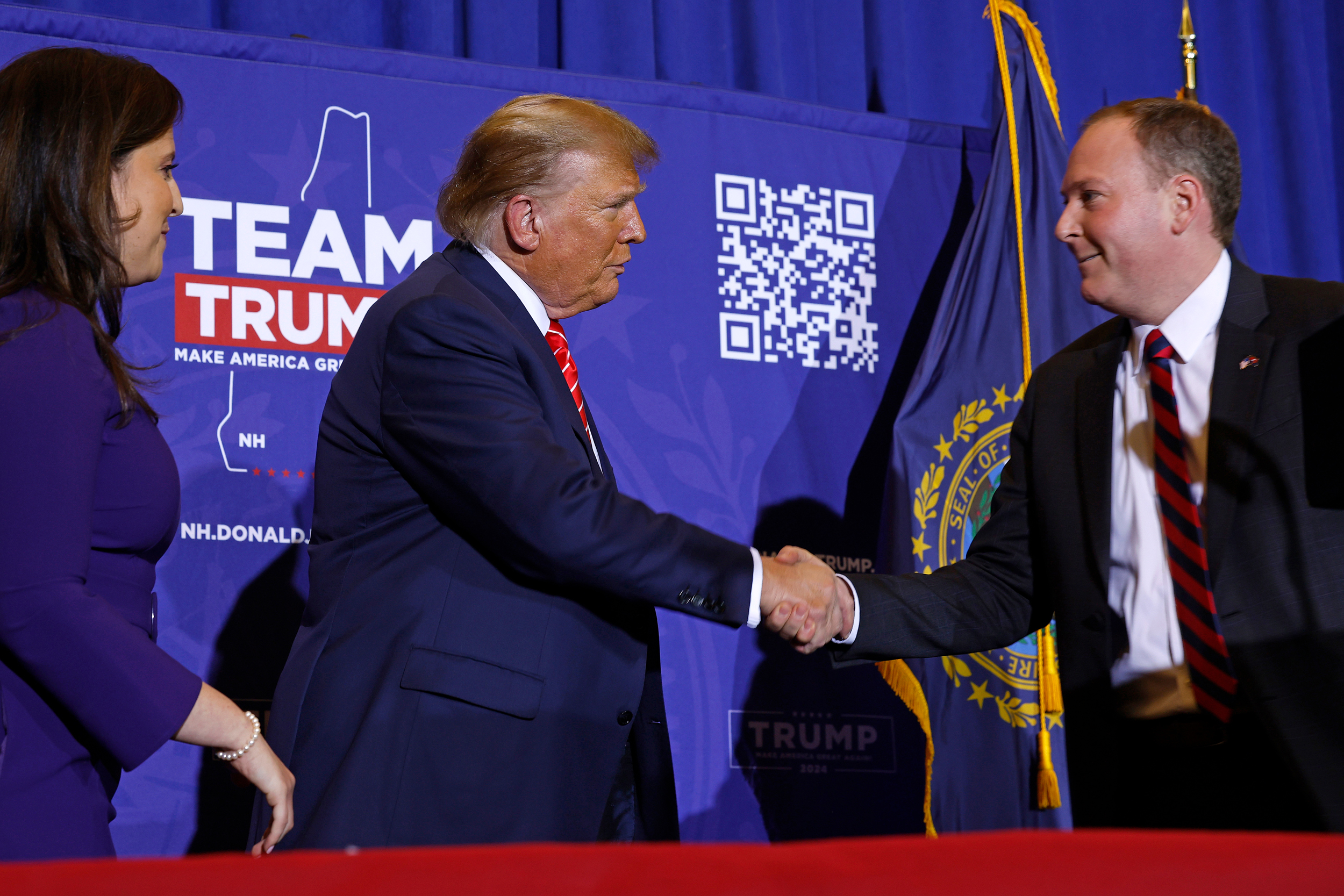 Rep. Lee Zeldin (R-NY) joins Donald Trump during a campaign rally at the Grappone Convention Center on Jan. 19 in Concord, N.H. Getty: Chip Somodevilla/Getty Images