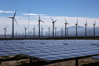 A view of wind turbines and solar panels on March 6 near Palm Springs, Calif. Credit: Mario Tama/Getty Images