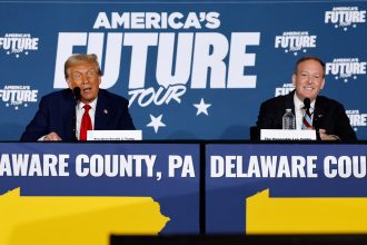 Former New York Rep. Lee Zeldin (right) participates in a roundtable discussion with President-elect Donald Trump on Oct. 29 in Drexel Hill, Pa. Credit: Chip Somodevilla/Getty Images