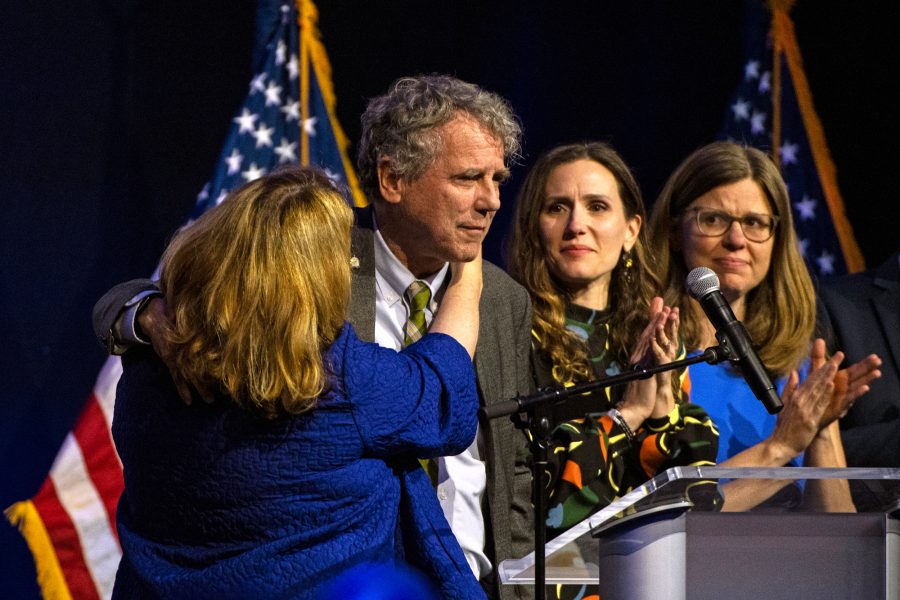 Sen. Sherrod Brown (D-Ohio) gives a concession speech during an Election Night party on Tuesday in Columbus, Ohio. Brown lost his re-election bid to Republican Bernie Moreno. Credit: Stephen Maturen/Getty Images