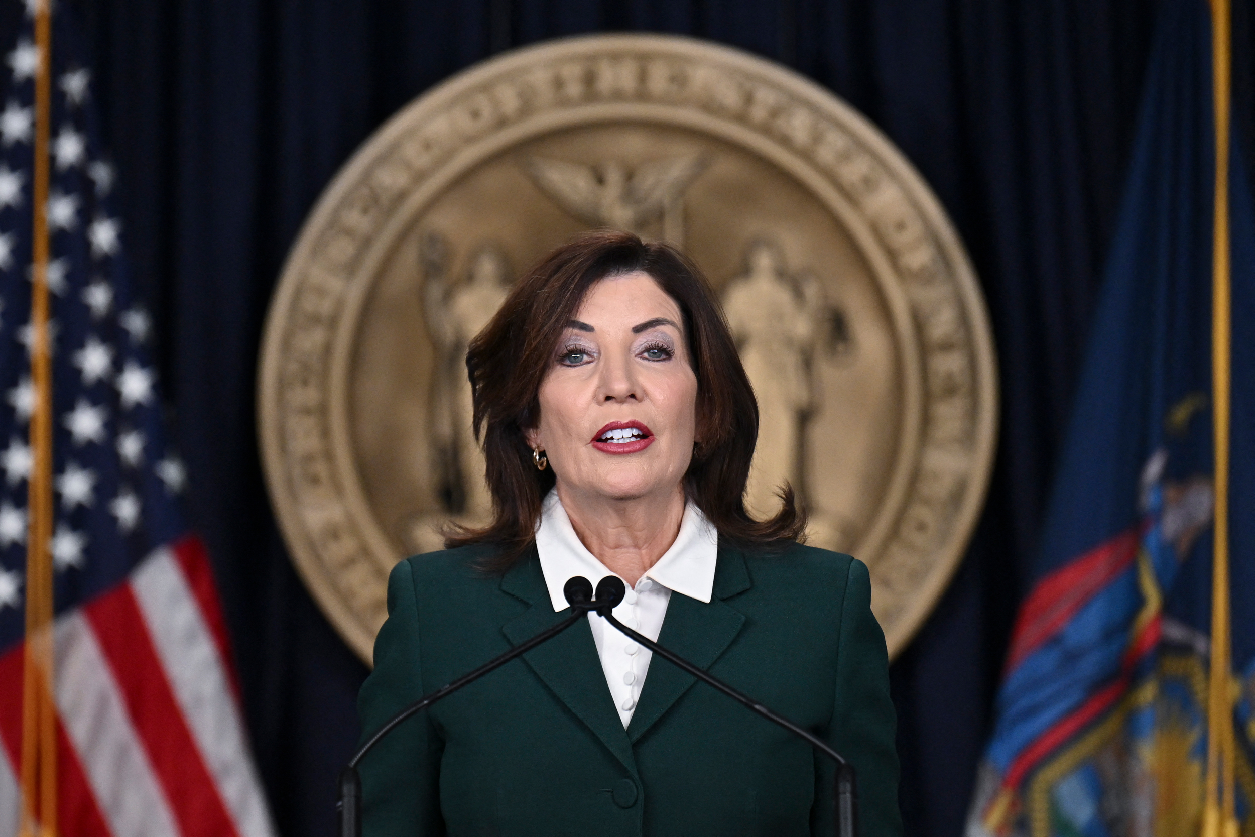 New York Gov. Kathy Hochul speaks during a press conference in New York City on Nov. 14. Credit: Angela Weiss/AFP via Getty Images