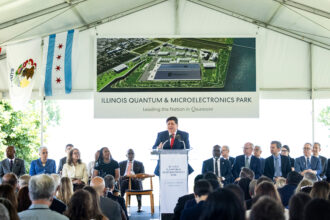 Gov. JB Pritzker speaks during a news conference at the former U.S. Steel South Works site to discuss a massive quantum computing campus on Chicago’s South Side. Credit: Ashlee Rezin/Sun-Times file photo