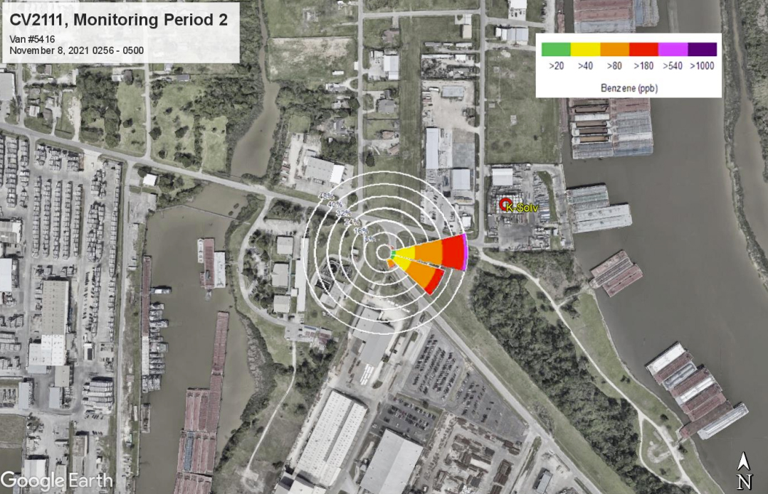 In the early hours of Nov. 8, 2021, TCEQ field scientists recorded a one-hour benzene average of 203.5 ppb, which exceeded the state guideline. The scientists reported having headaches and had to leave the area. Credit: TCEQ Mobile Monitoring Report for November 2021 trip