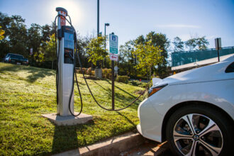 An EV charging station is seen in New Carrollton, Md. Credit: Tom Williams/CQ-Roll Call, Inc via Getty Images