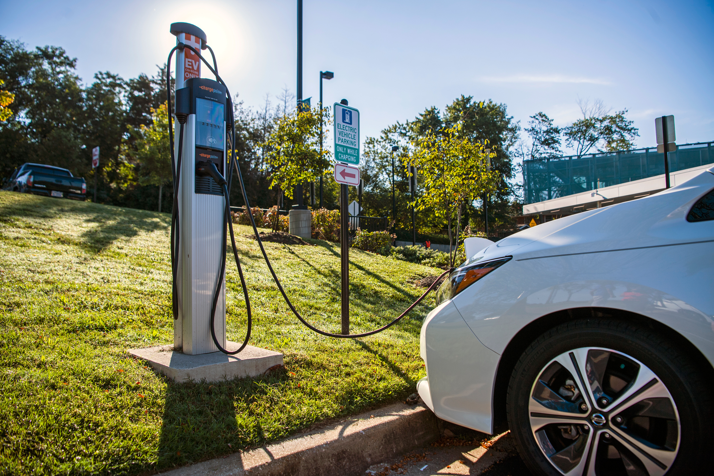 An EV charging station is seen in New Carrollton, Md. Credit: Tom Williams/CQ-Roll Call, Inc via Getty Images