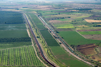 An aerial view of pecan orchards and alfalfa fields on the U.S.-Mexico border southeast of El Paso, Texas. Credit: Omar Ornelas