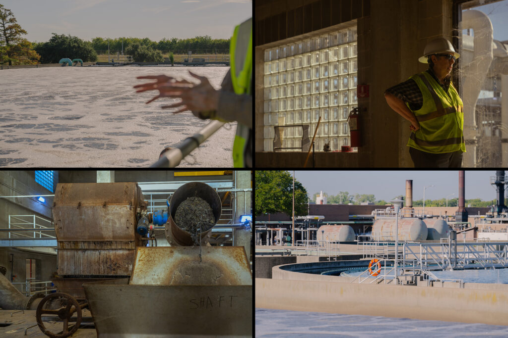 Top left: In one of the last steps in the wastewater treatment process, the wastewater is injected with chlorine to kill any remaining bacteria. Fort Worth Water sends the recycled water to the Dallas-Fort Worth airport for industrial use. Top right: Mary Gugliuzza, spokesperson for Fort Worth Water, said forever chemicals enter the wastewater treatment plant from homes, businesses and industrial customers. Bottom left: The first step of the wastewater treatment process involves sending raw sewage through screens to remove trash. Bottom right: Air is pumped into wastewater pools known as aeration basins, where oxygen promotes microbial growth that helps break down pollutants. Credit: Erika Nina Suarez for the Texas Tribune