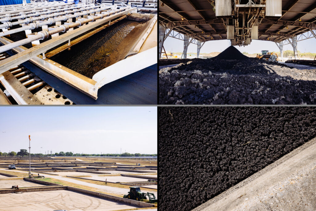 The two most common ways to dry sewage sludge are by passing it through a belt presser — which presses the sludge between two belts to squeeze out the water — or in drying beds. Sludge spread over sand beds dries into a crumbly material after the sun's heat evaporates the moisture. Credit: Chris Stokes for The Texas Tribune