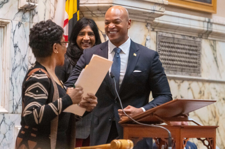 Speaker of the House Adrienne A. Jones introduces Lieutenant Gov. Aruna Miller and Gov. Wes Moore as Maryland lawmakers convene for a new legislative session on Jan. 8 in Annapolis. Credit: Jonathan Newton/The Washington Post via Getty Images