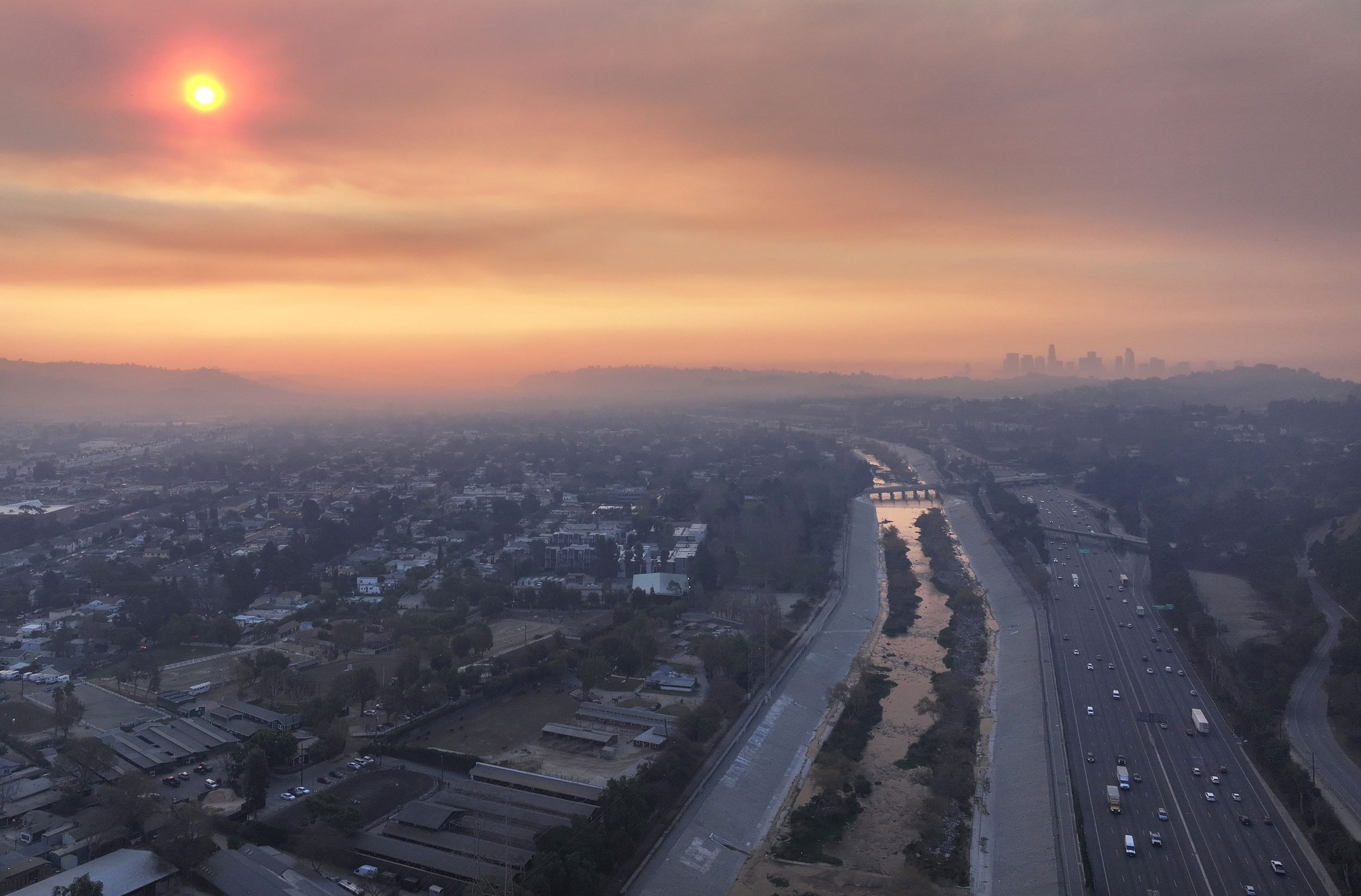 Wildfire smoke hangs over downtown Los Angeles amid poor air quality in the region on Jan. 9. Credit: Mario Tama/Getty Images