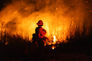 A firefighter monitors the spread of a wildfire on Jan. 13 in Oxnard, Calif. Credit: Etienne Laurent/AFP via Getty Images