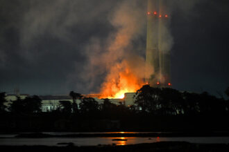 Flames and smoke rise from the Moss Landing Energy Storage Facility after a fire erupted on Jan. 16 in Monterey Bay, Calif. Credit: Tayfun Coskun/Anadolu via Getty Images