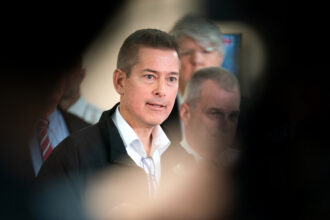 Transportation Secretary Sean Duffy speaks during a press conference at Reagan National Airport on Thursday. Credit: Allison Robbert/The Washington Post via Getty Images