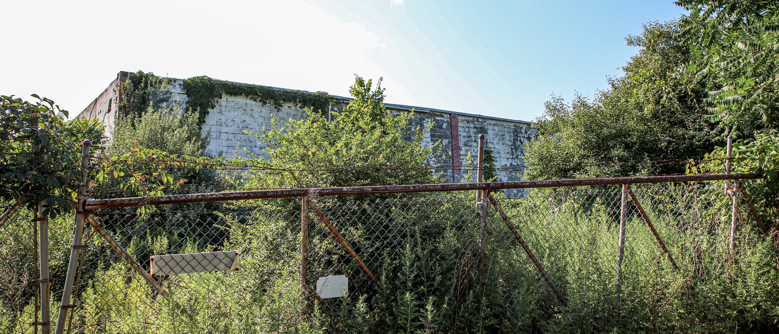 A CDC affiliate acquired a retired chemical plant in 2011 near Harmony Township, N.J. The building remains standing, now overgrown with vegetation and surrounded by rusted fences. Credit: Daniel Propp/Inside Climate News