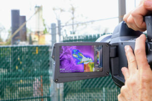 Sharon Wilson, of the non-profit Oilfield Witness, uses a gas imaging camera to capture otherwise invisible emissions from an Energy Transfer compressor station in Arlington, Texas. Credit: Dylan Baddour/Inside Climate News