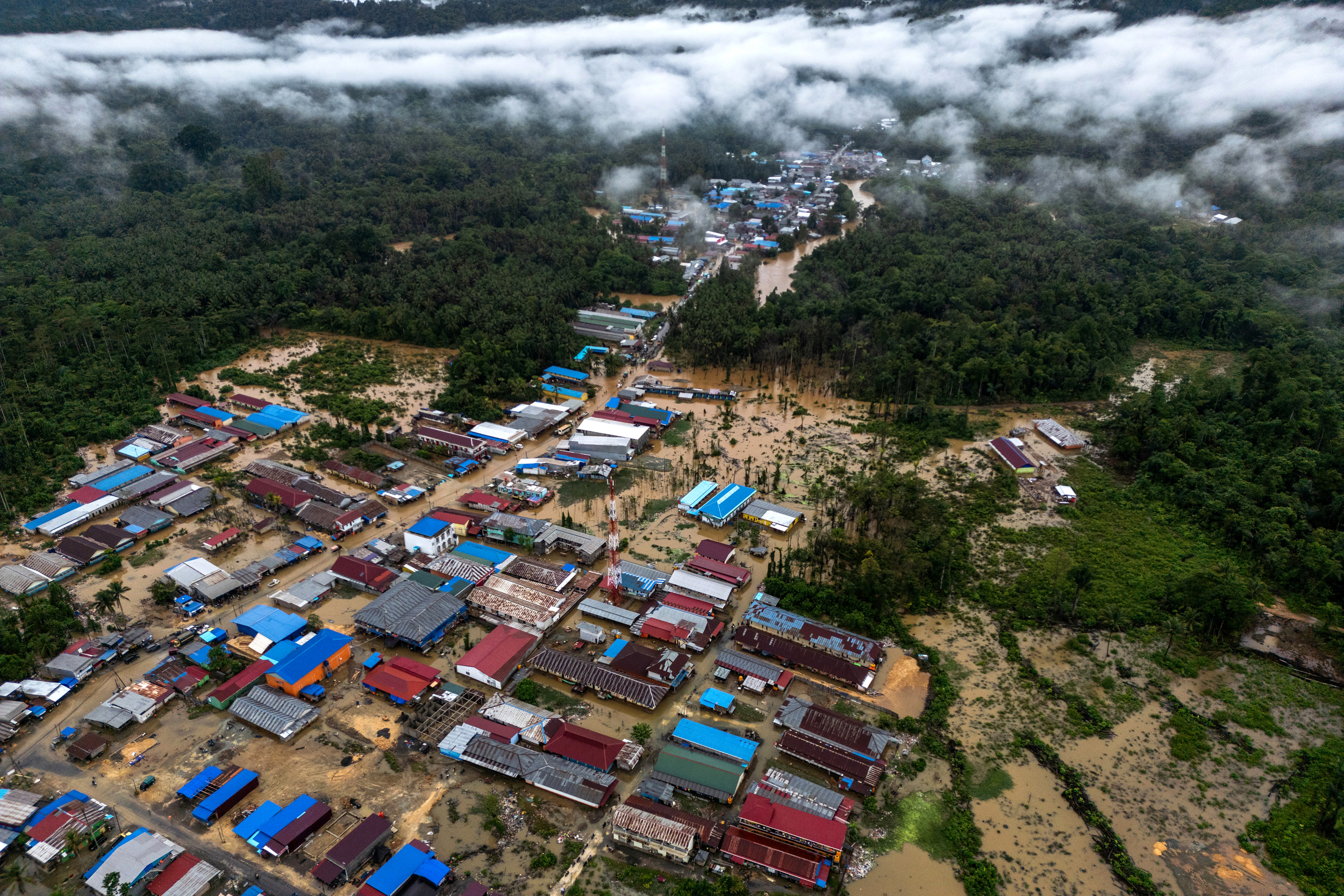 An aerial view of a flooded Lukulamo village on Aug. 13, 2024.