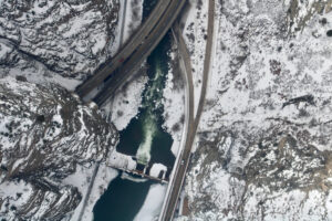The Colorado River flows through the Shoshone diversion structure on Jan. 29, 2024. A group trying to purchase Shoshone's water was set to receive $40 million from the federal government. Credit: Alex Hager/KUNC/EcoFlight