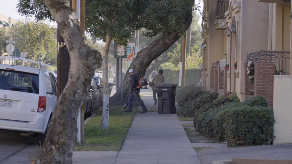 A gardener in Glendale, Calif., uses a powered leaf blower in spite of a countywide ban. Credit: Andrew Robinson