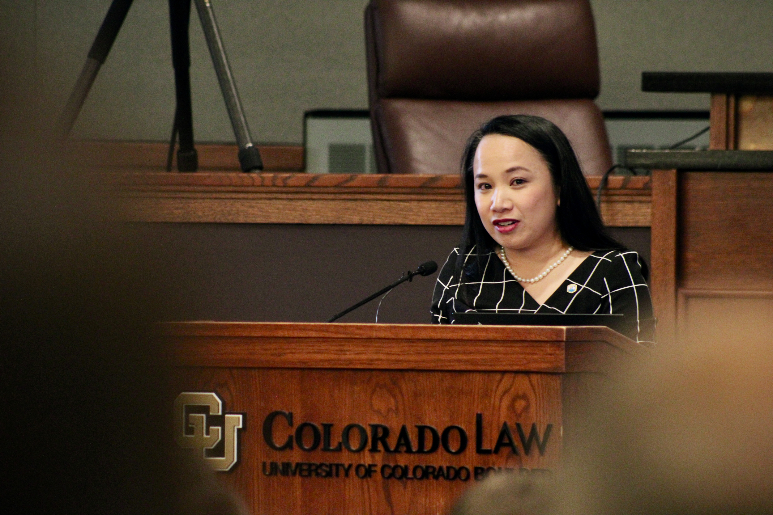 Camille Calimlim Touton, who served as commissioner of the Bureau of Reclamation under President Joe Biden, speaks at a conference in Boulder on June 8, 2023. She oversaw the distribution of big federal investments into the Colorado River. Credit: Alex Hager/KUNC