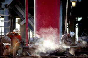 Hot steam rises as workers cool mud extracted from a drilling well at a geothermal energy and lithium plant on the south side of the Salton Sea in Calipatria, Calif. Credit: Gina Ferazzi/Los Angeles Times via Getty Images