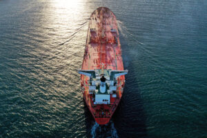 An aerial view of a petroleum tanker ship en route to the Port of Corpus Christi in Port Aransas, Texas. Credit: Tom Pennington/Getty Images
