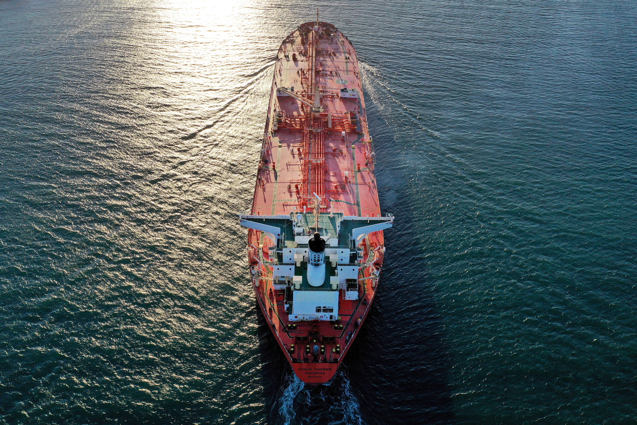An aerial view of a petroleum tanker ship en route to the Port of Corpus Christi in Port Aransas, Texas. Credit: Tom Pennington/Getty Images