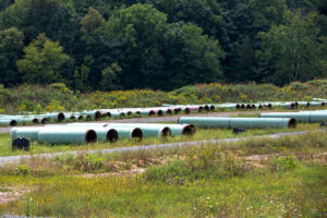 Sections of steel pipe owned by the Mountain Valley Pipeline in Lindside, W.Va. Credit: Robert Nickelsberg/Getty Images