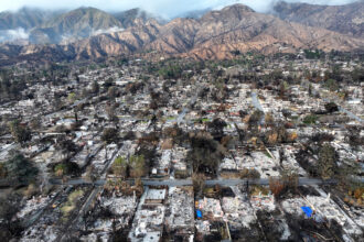 An aerial view shows homes burned in the Eaton Fire on Feb. 5 in Altadena, Calif. Credit: Mario Tama/Getty Images
