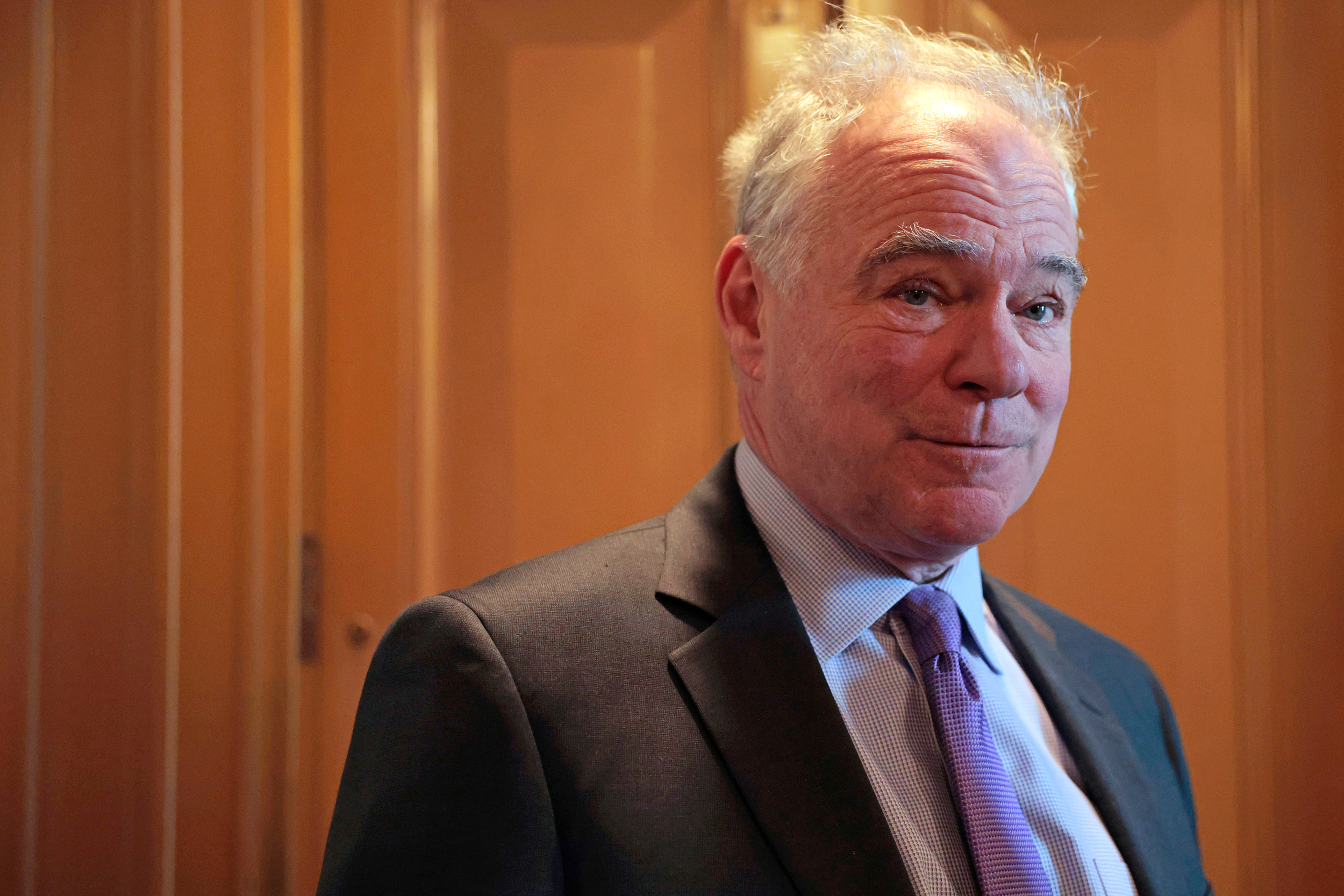 Sen. Tim Kaine (D-Va.) speaks to reporters outside of the Senate Chambers on Feb. 13 in Washington, D.C. Credit: Anna Moneymaker/Getty Images