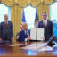 President Donald Trump signs executive orders in the Oval Office on Feb. 14. Trump was joined by (from left) EPA Administrator Lee Zeldin, Energy Secretary Chris Wright, Interior Secretary Doug Burgum and Transportation Secretary Sean Duffy. Credit: Andrew Harnik/Getty Images