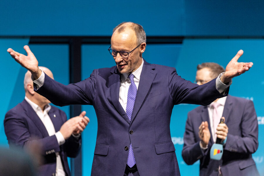 Friedrich Merz, chancellor candidate of Germany’s Christian Democratic Union, reacts after his speech during an election campaign stop on Feb. 20 in Berlin. Credit: Maja Hitij/Getty Images