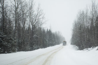 A logging truck drives through a forest in Allagash, Maine. Credit: Gabe Souza/Portland Portland Press Herald via Getty Images
