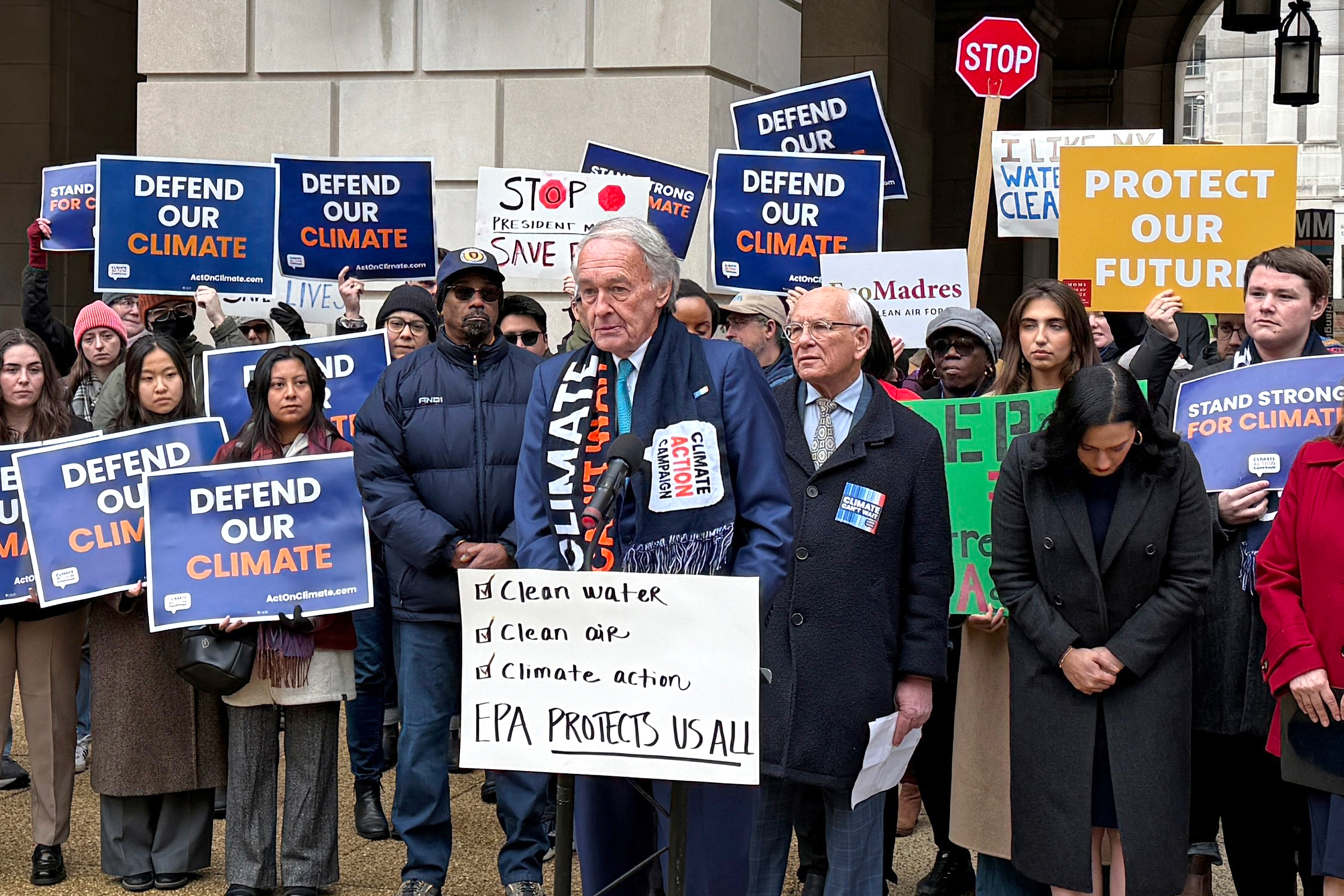 Lawmakers, led by Sen. Ed Markey, hold a press conference in front of the EPA headquarters in Washington, D.C., expressing concern over what they called an unlawful funding freeze and staffing disruptions. Credit: Aman Azhar/Inside Climate News