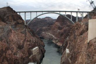 The Colorado River flows out of Lake Mead, the nation's largest reservoir, on Dec. 16, 2021. Credit: Alex Hager/KUNC