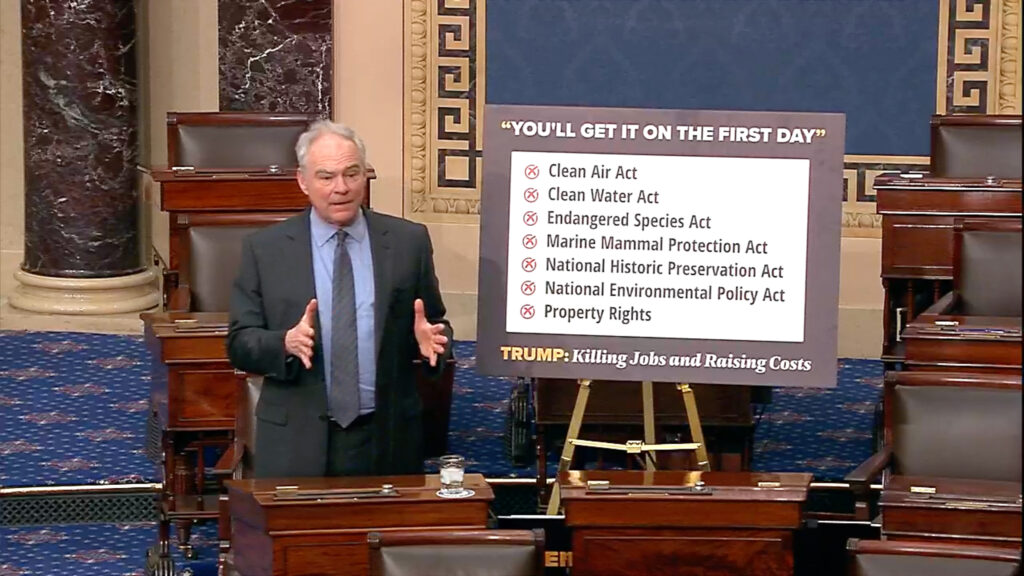 Tim Kaine talks about President Donald Trump’s national energy emergency on Wednesday in a screenshot from the U.S. Senate floor webcast.