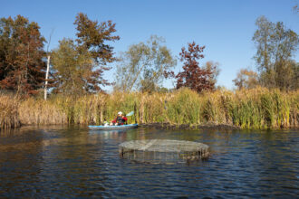 Katie McCullough, 55, paddles across a pond on her property near Rio, Wis. McCullough installed a pond leveler on her property after discovering an active beaver lodge and dam. Credit: Joe Timmerman/Wisconsin Watch