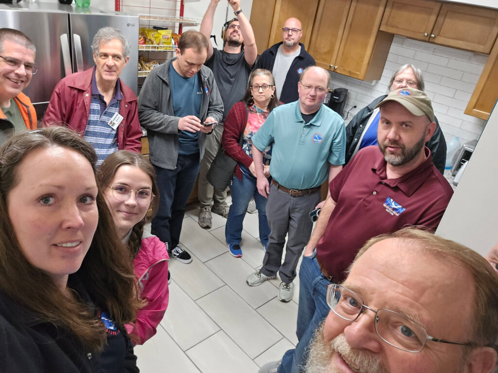 The staff of the National Weather Service, Birmingham hunkered down during a tornado warning issued for Shelby County, where their office is located. Credit: Courtesy of NWS Birmingham