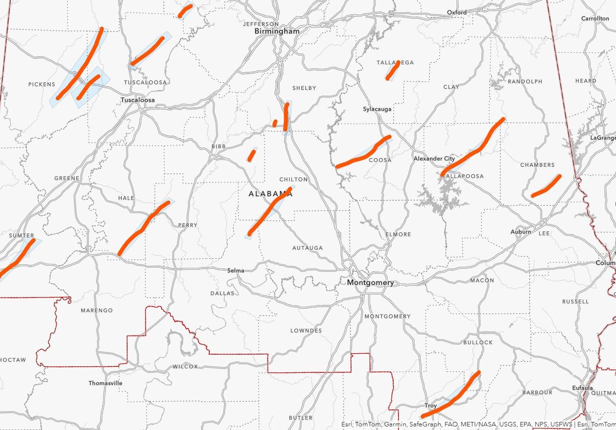 This map from the National Weather Service shows potential tornado damage in 16 locations across Alabama. Credit: Courtesy of NWS Birmingham