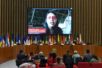 Conta, a member of the Tagaeri and Baihuaeri Waorani Indigenous groups, appears before the Inter-American Court of Human Rights via pre recorded video on Aug. 23, 2022. Credit: Courtesy of the Inter American Court of Human Rights