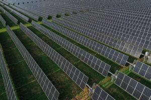 An aerial view of a solar farm in Disputanta, Va. Credit: Drew Angerer/Getty Images