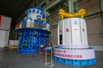The core module of China’s first small modular nuclear reactor is seen on July 13, 2023, before shipment to the construction site at the Changjiang nuclear power plant. Credit: Liu Xuan/VCG via Getty Images