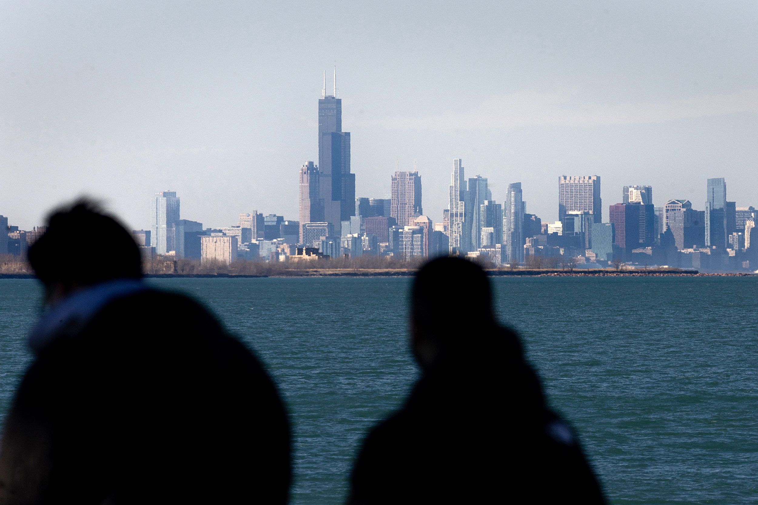 The Chicago skyline is seen across Lake Michigan from Whiting, Ind. Credit: Scott Olson/Getty Images