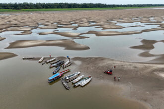 An aerial view of the Solimoes River, a tributary of the Amazon River that’s in a critical state during a historic drought, in the Brazilian state of Amazonas on Sept. 30, 2024. Credit: Michael Dantas/AFP via Getty Images