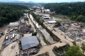 An aerial view of flood damage wrought by Hurricane Helene along the Swannanoa River on Oct. 3, 2024 in Asheville, N.C. There were 27 confirmed weather and climate disasters last year with losses exceeding $1 billion in the United States. Credit: Mario Tama/Getty Images