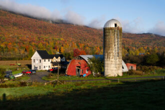 A farm is surrounded by the forest of Elmore State Park on Oct. 5, 2024, in Lake Elmore, Vt. Credit: Craig T. Fruchtman/Getty Images