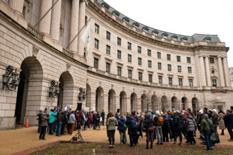 Congressmembers speak to a crowd during a demonstration in front of the EPA headquarters on Feb. 6 in Washington, D.C. Credit: Al Drago/Getty Images