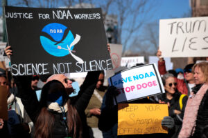 Hundreds of demonstrators gather to protest mass firings by the Trump administration outside the NOAA headquarters on March 3 in Silver Spring, Md. Credit: Chip Somodevilla/Getty Images