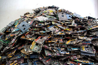 Electronic waste is seen in a recycling facility in the Guangdong Province of South China. Polymeric brominated flame retardants are widely used in electronics to reduce fire risk. Credit: Guillaume Payen/LightRocket via Getty Images